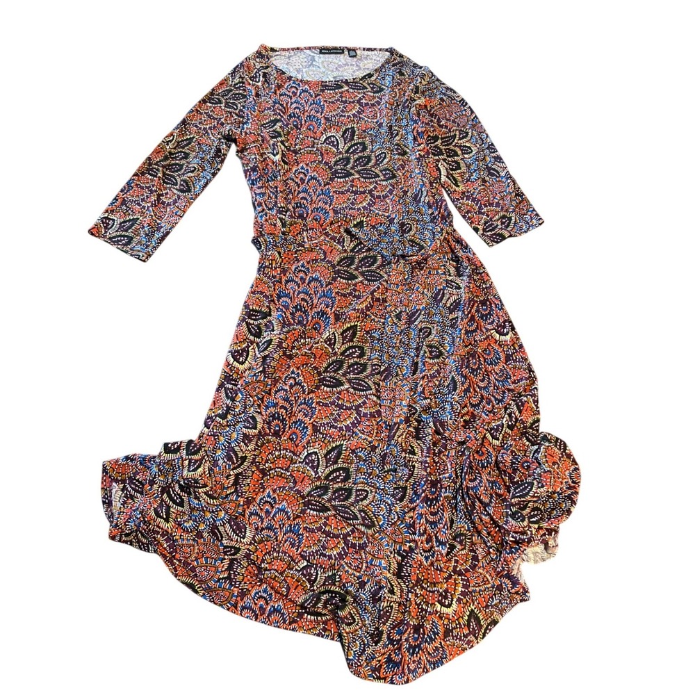 Nina Leonard Womens Large Multi Color Paisley 3/4 Sleeve Jersey Midi‎ Dress